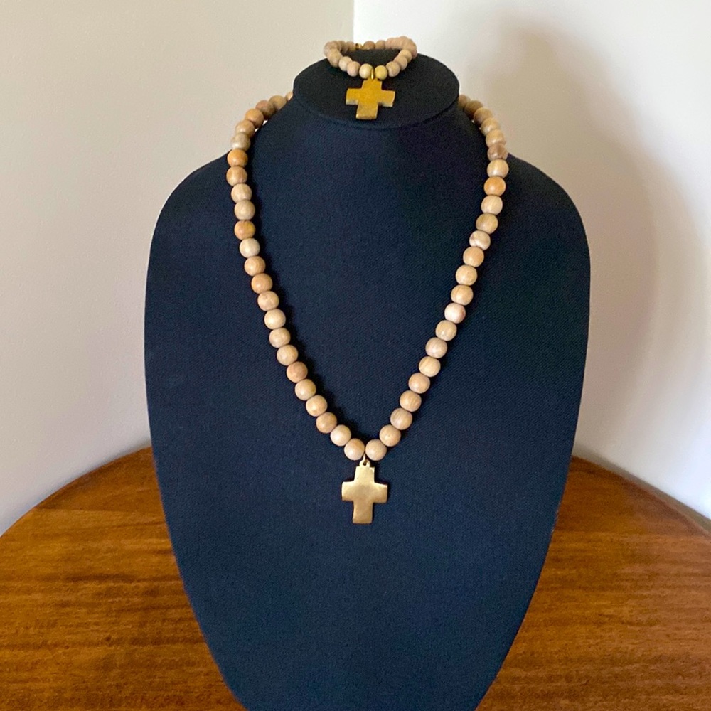 Hand crafted beaded cross necklace and bracelet set